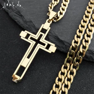 2024 Hip Hop Cross Stainless Steel Chain Necklaces Gold Color Long