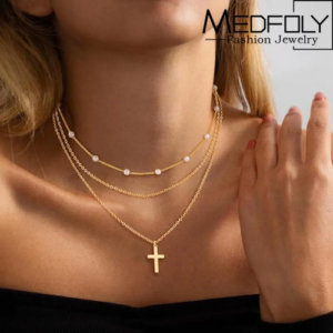 MEDFOLY Layered Necklaces for Women 14K Gold Plated Pearl Cuban Chain