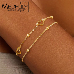 MEDFOLY 2Pcs Layered Bracelets for Women Dainty 14k Gold Plated